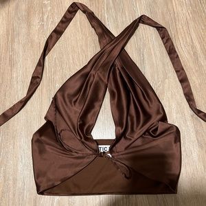 Brown Silk Cross Front Crop Top